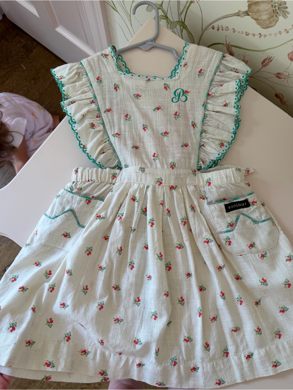 Bonjour Girls' Cream Floral Ruffle Dress with Green Trim